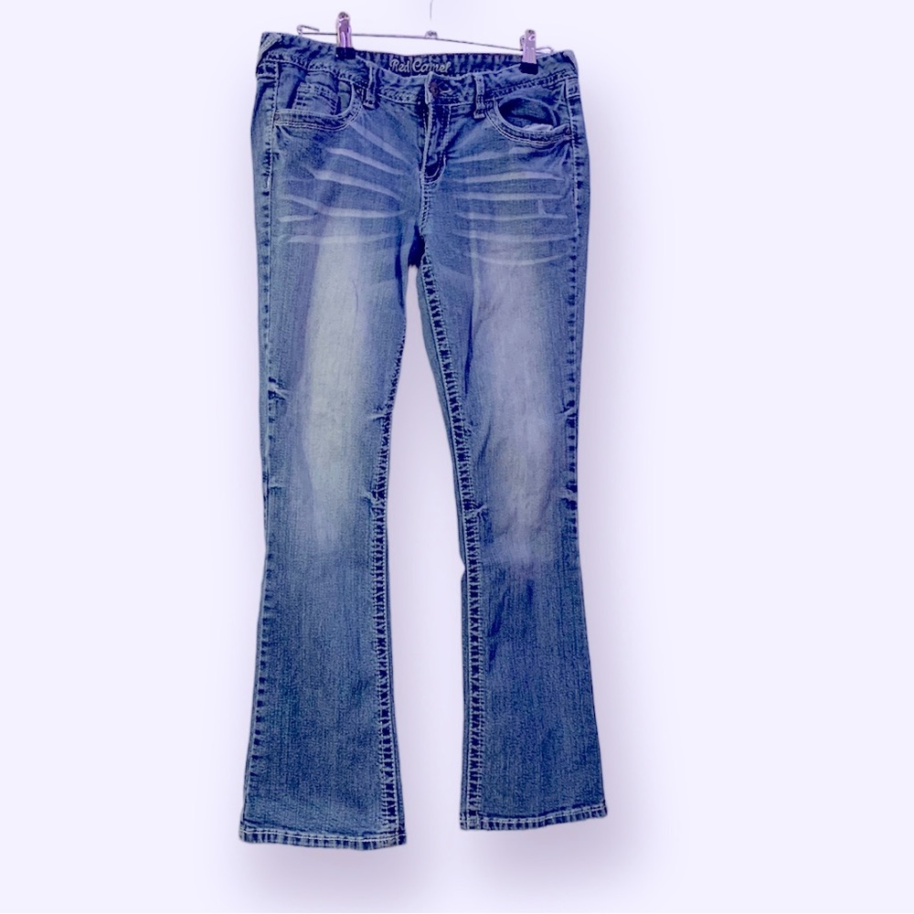 Red camel low rise flare jeans